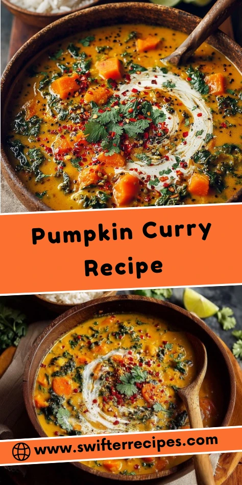 Pumpkin Curry served in a rustic bowl with coconut cream swirl, garnished with fresh cilantro, red chili flakes, and lime wedges.