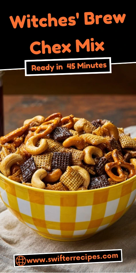 Pinterest-style recipe pin for Witches' Brew Chex Mix showing bowl of Halloween snack mix with orange text overlay saying "Ready in 45 Minutes"