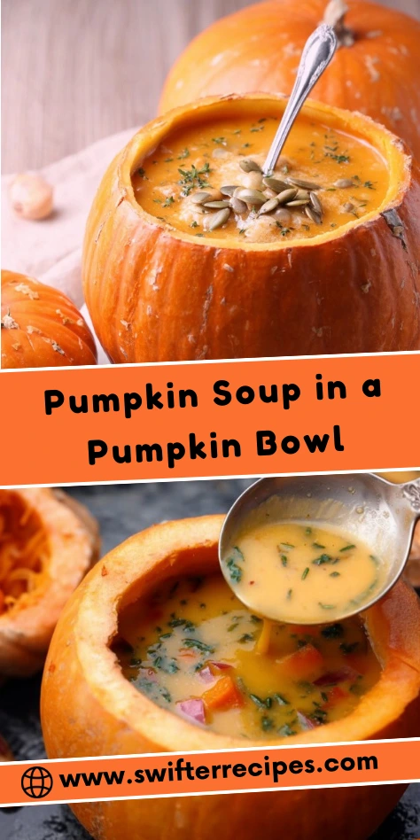 Pumpkin Soup in a Pumpkin Bowl served with roasted pumpkin seeds and fresh herbs, with a ladle of soup pouring in.