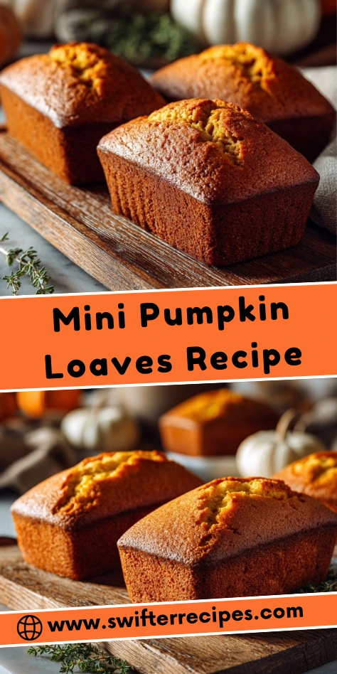 Mini Pumpkin Loaves freshly baked, golden-brown and perfectly textured, displayed on a rustic wooden board with soft autumn decor and pumpkins in the background.