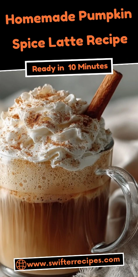 Homemade pumpkin spice latte topped with whipped cream and cinnamon stick, ready in 10 minutes