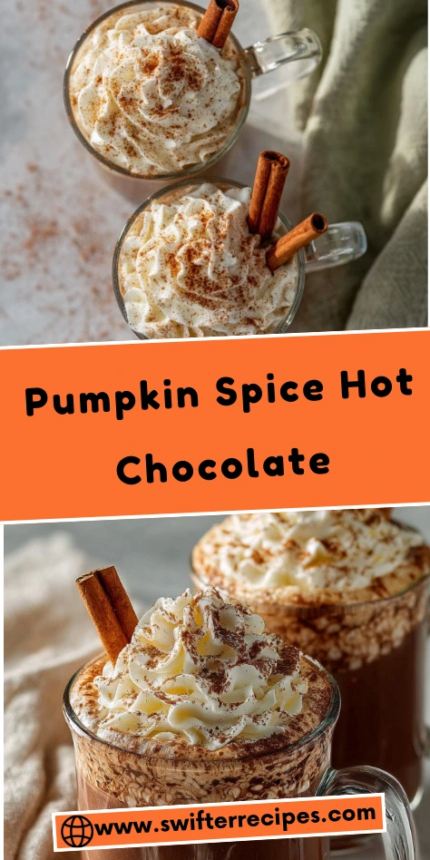 Pumpkin Spice Hot Chocolate topped with whipped cream, cinnamon, and cinnamon sticks, featured in a vibrant recipe graphic.