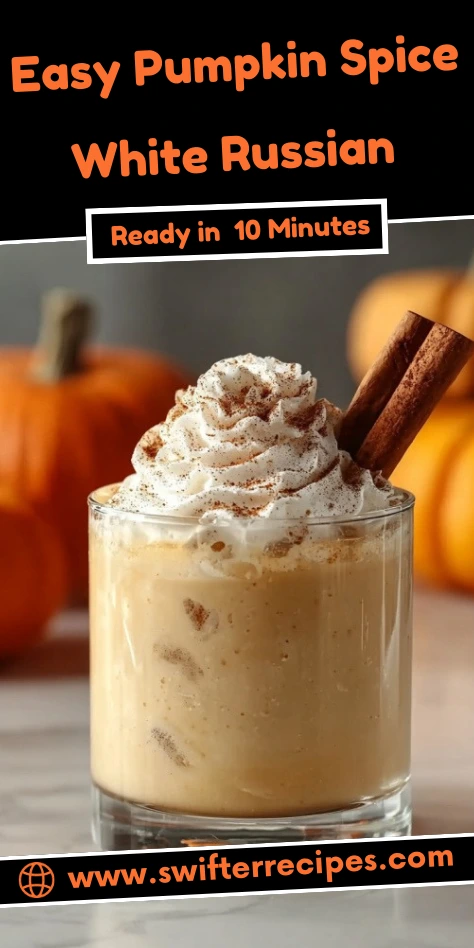 Pumpkin Spice White Russian cocktail topped with whipped cream and cinnamon sticks