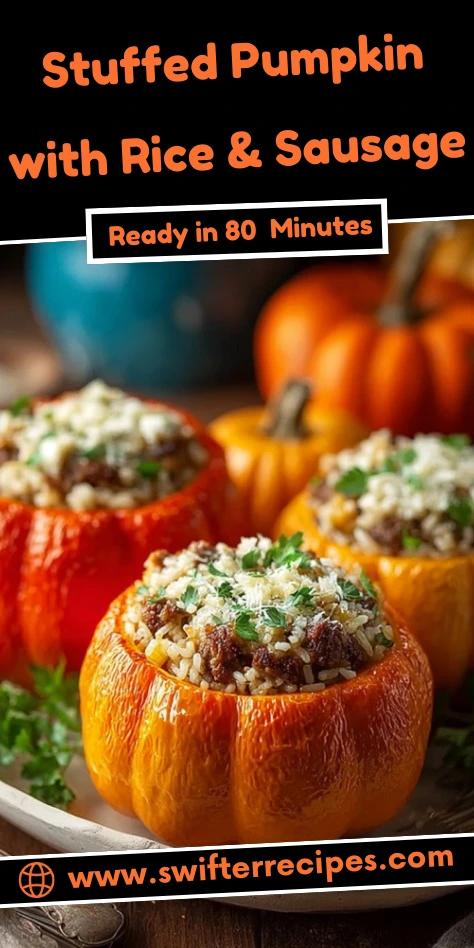 Stuffed pumpkin with rice and sausage topped with Parmesan and parsley, a cozy fall recipe ready in 80 minutes