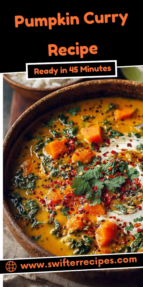 Pumpkin Curry served with coconut cream, cilantro, and red chili flakes in a rustic bowl, ready in 45 minutes.
