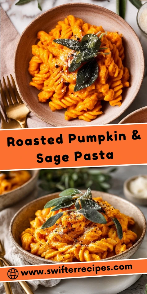 Two Servings of Roasted Pumpkin & Sage Pasta in Cozy Bowls with Parmesan and Sage Garnish