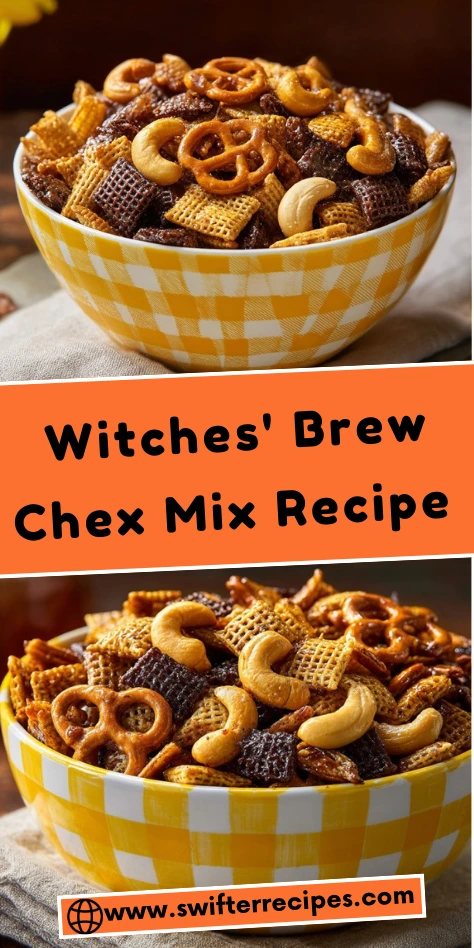 Pinterest recipe pin showing Witches' Brew Chex Mix in yellow checkered bowls with orange text overlay and website branding
