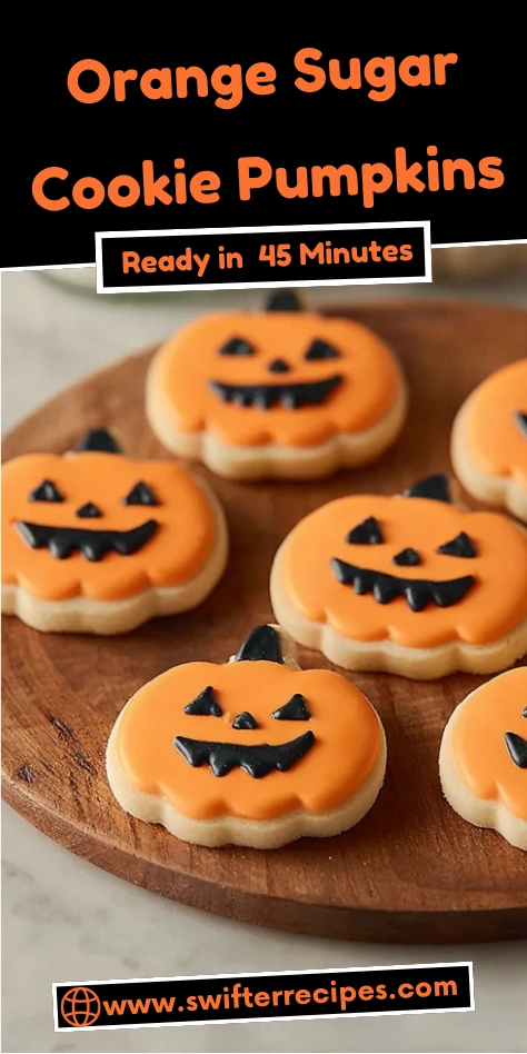 Orange sugar cookie pumpkins recipe ready in 45 minutes - Halloween jack-o-lantern cookies on wooden cutting board from Swift Recipes