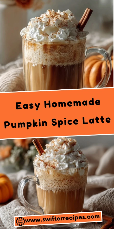 Easy homemade pumpkin spice latte with whipped cream, cinnamon stick, and fall decorations
