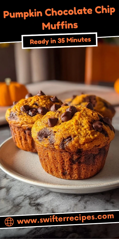 Freshly baked Pumpkin Chocolate Chip Muffins on a plate with chocolate chips visible on top, ready in 35 minutes for a quick, delicious treat.