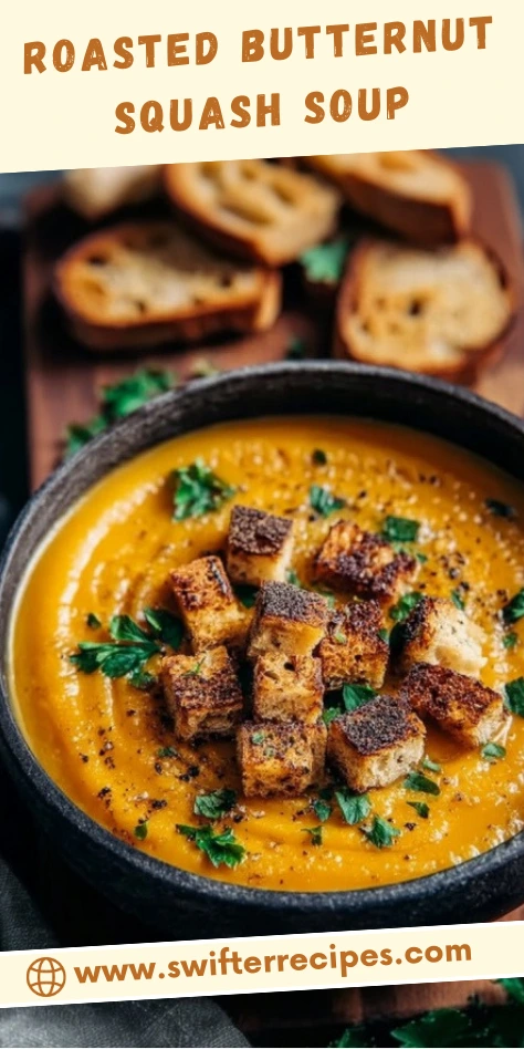 Roasted butternut squash soup topped with golden croutons and parsley in a rustic bowl with toasted bread