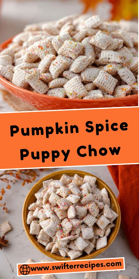 Pumpkin Spice Puppy Chow in a Bowl with Sprinkles