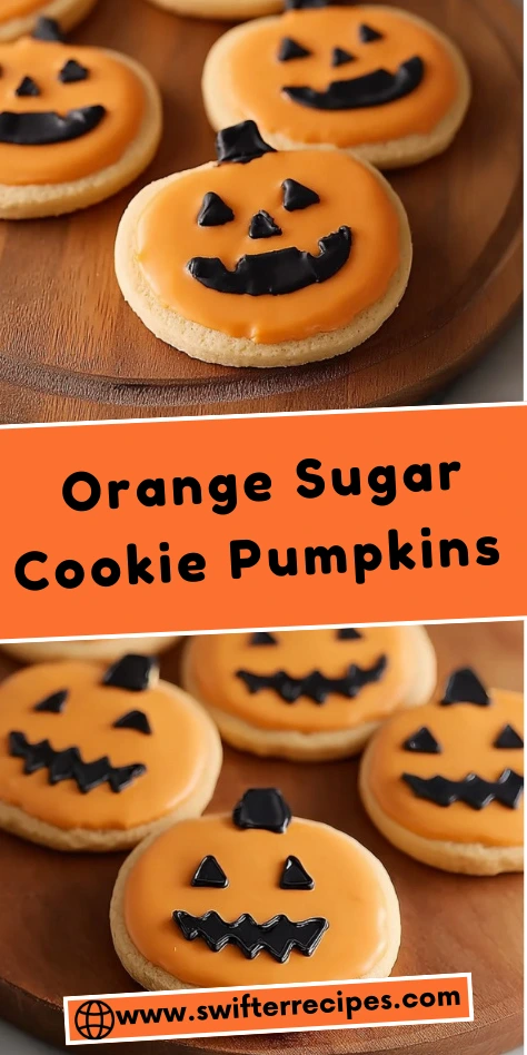 Orange sugar cookie pumpkins recipe pin with jack-o-lantern faces on wooden cutting board - easy Halloween treats tutorial from Swift Recipes
