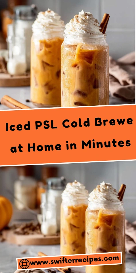 Iced Pumpkin Spice Latte Cold Brew served in jars with whipped cream, cinnamon, and cinnamon sticks.