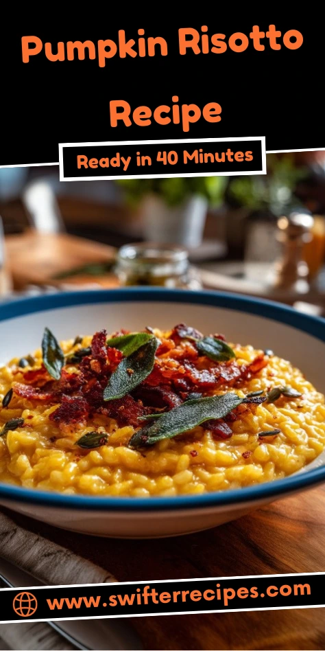 Pumpkin Risotto Recipe ready in 40 minutes, featuring creamy risotto topped with crispy bacon, sage, and roasted pepitas, served in a blue bowl.