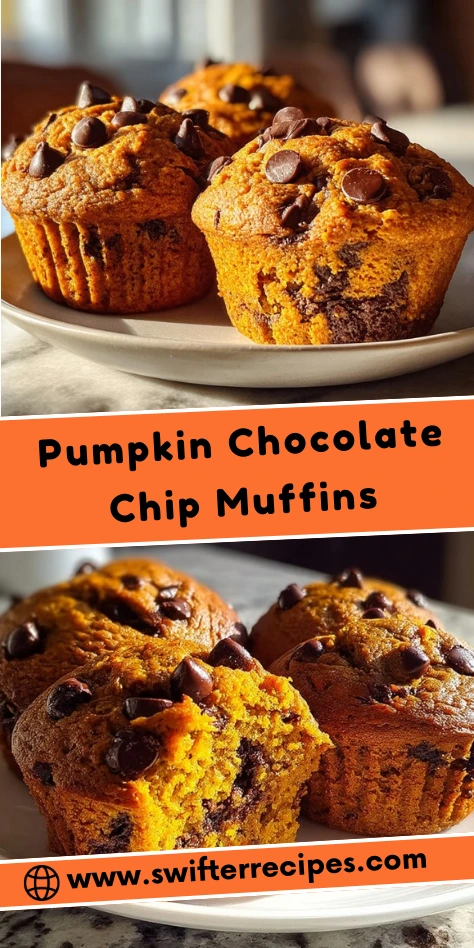 Pumpkin Chocolate Chip Muffins served on a plate with a rich golden color, featuring chocolate chips on top, perfect for fall.