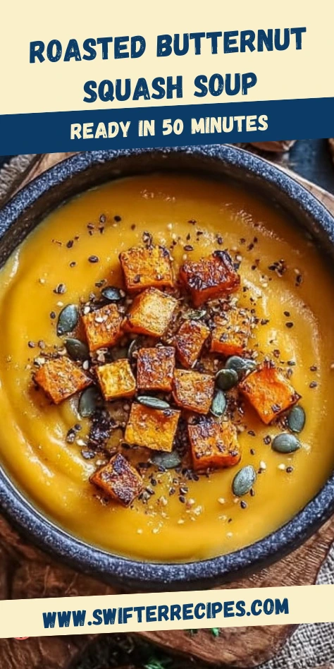 Roasted butternut squash soup topped with caramelized squash cubes, pumpkin seeds, and spices in a rustic bowl