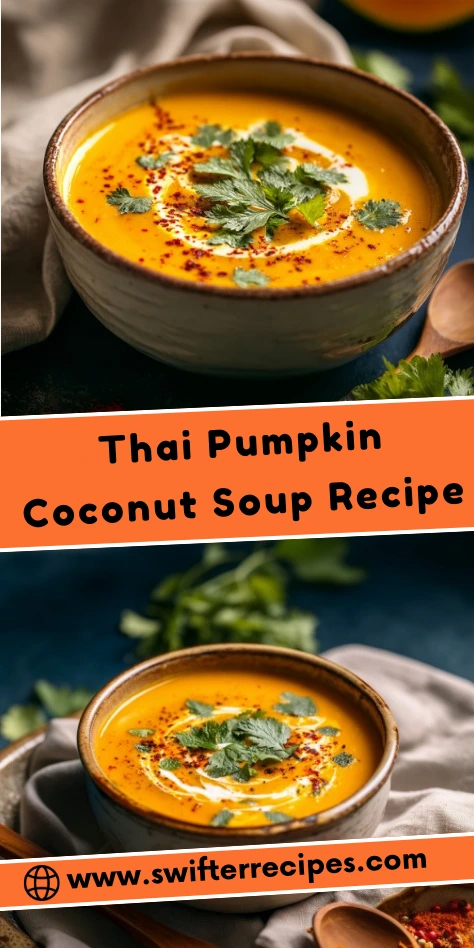 A bowl of Thai Pumpkin Coconut Soup, garnished with fresh cilantro leaves, a swirl of coconut milk, and a dash of red chili flakes for added flavor.