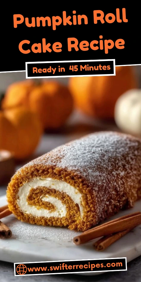 Pumpkin roll cake with a creamy cream cheese filling, dusted with powdered sugar and served with cinnamon sticks, ready in 45 minutes.