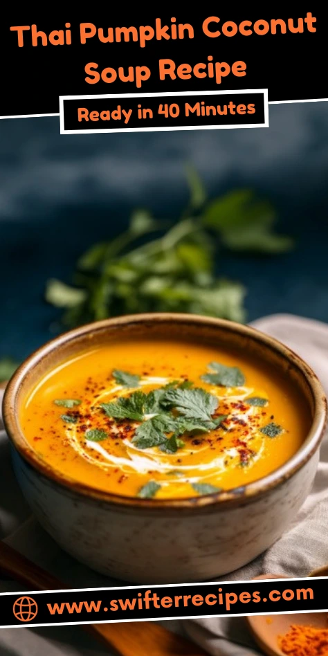 Bowl of Thai Pumpkin Coconut Soup, garnished with cilantro and red chili flakes, with a swirl of coconut milk on top.