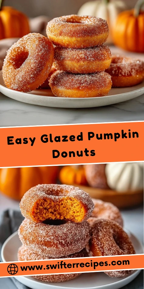 Easy glazed pumpkin donuts coated in cinnamon sugar stacked on a plate