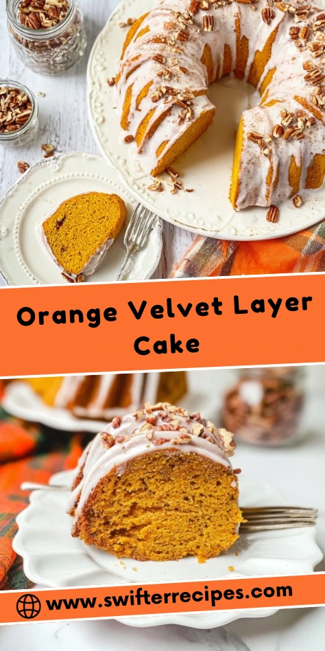 Pumpkin Spice Bundt Cake topped with cinnamon glaze and chopped pecans served with a slice on a plate, perfect fall dessert recipe