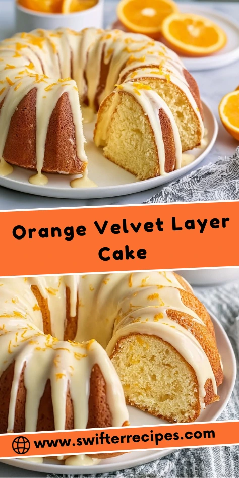 Orange Velvet Layer Cake with citrus glaze and zest slices