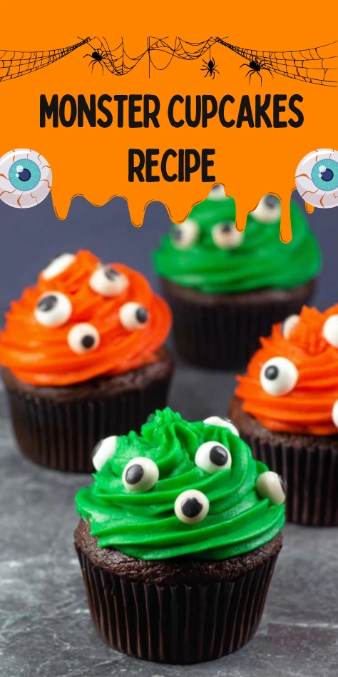 Monster Cupcakes with green and orange buttercream swirls, topped with candy eyes, on a marble countertop with Halloween-themed decoration.