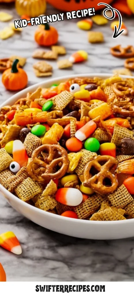 Kid-friendly Halloween Harvest Snack Mix with Chex cereal, pretzels, candy corn, M&Ms, and candy eyeballs in a festive bowl.
