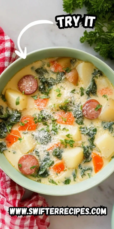 Overhead view of creamy sausage potato kale soup in light green bowl with Try It arrow, featuring sliced kielbasa, diced potatoes, fresh kale and carrots in rich broth