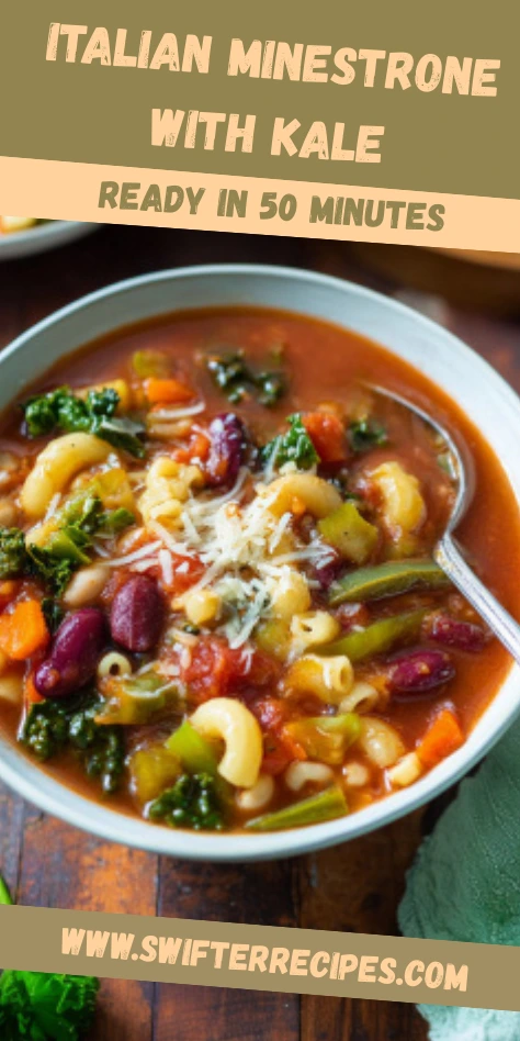 Italian Minestrone with Kale served in a white bowl with pasta, beans, carrots, kale, and parmesan in a rich tomato broth