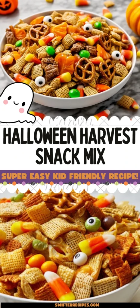Festive Halloween Harvest Snack Mix in a white bowl with Chex cereal, pretzels, candy corn, Reeseās Pieces, and candy eyeballs.