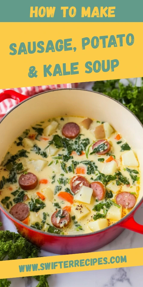 How to make sausage potato kale soup tutorial image showing creamy soup in red Dutch oven with step-by-step recipe guide overlay
