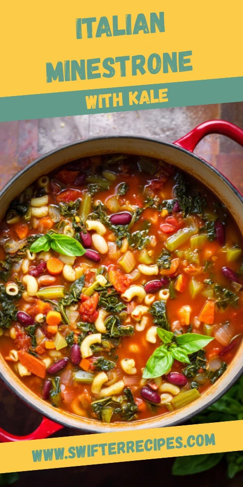 Italian Minestrone with Kale in a red Dutch oven filled with pasta, beans, carrots, celery, and fresh basil in a tomato broth