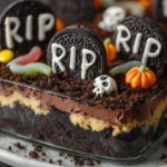 Graveyard Chocolate Cake with Oreo Tombstones and Halloween Decorations