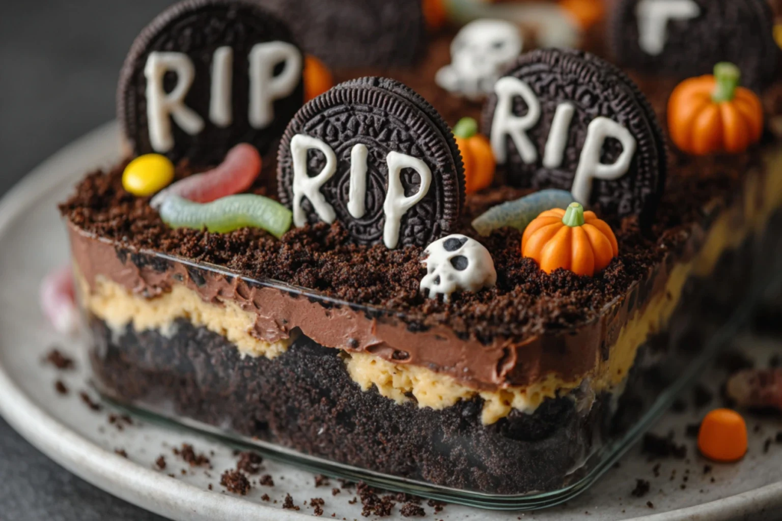 Graveyard Chocolate Cake with Oreo Tombstones and Halloween Decorations