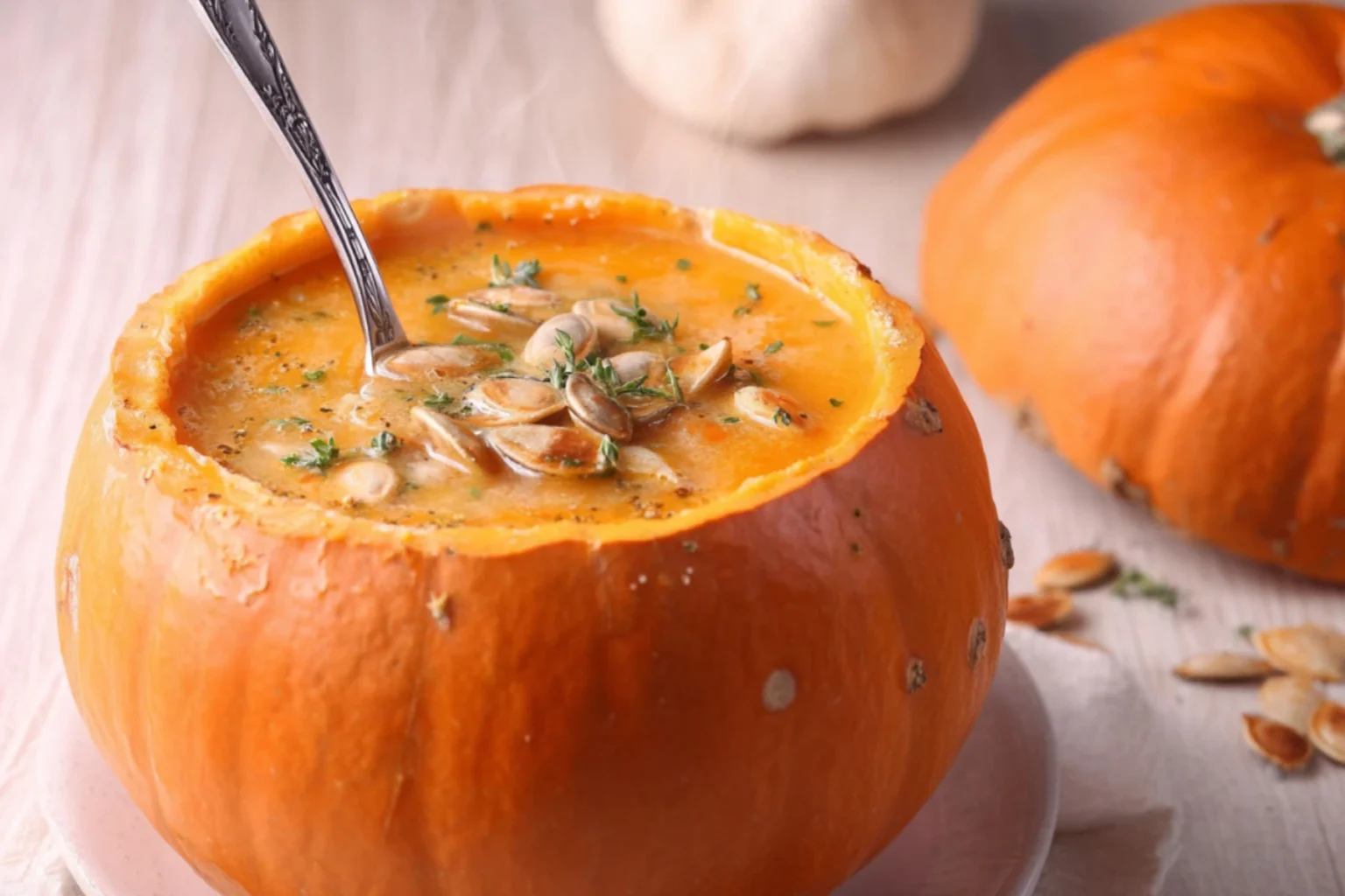 Pumpkin Soup in a Pumpkin Bowl served with roasted pumpkin seeds and fresh thyme on top, placed on a marble countertop.