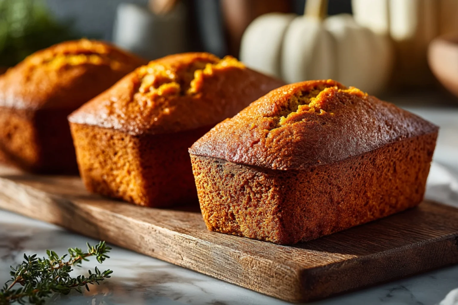 Mini Pumpkin Loaves freshly baked, golden-brown and perfectly textured, sitting on a rustic wooden board with autumn decor in the background.