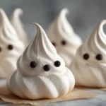 Ghost Meringue Cookies with Chocolate Chip Eyes on Marble