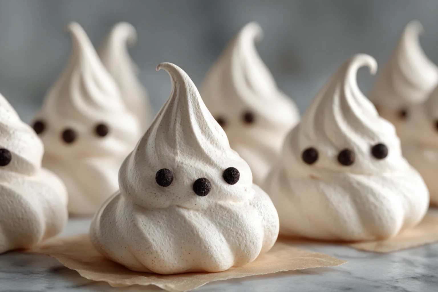 Ghost Meringue Cookies with Chocolate Chip Eyes on Marble
