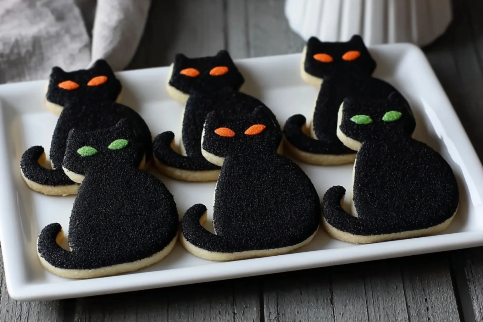 Black Cat Silhouette Sugar Cookies decorated with black sanding sugar and glowing orange and green candy eyes on a white platter for Halloween.