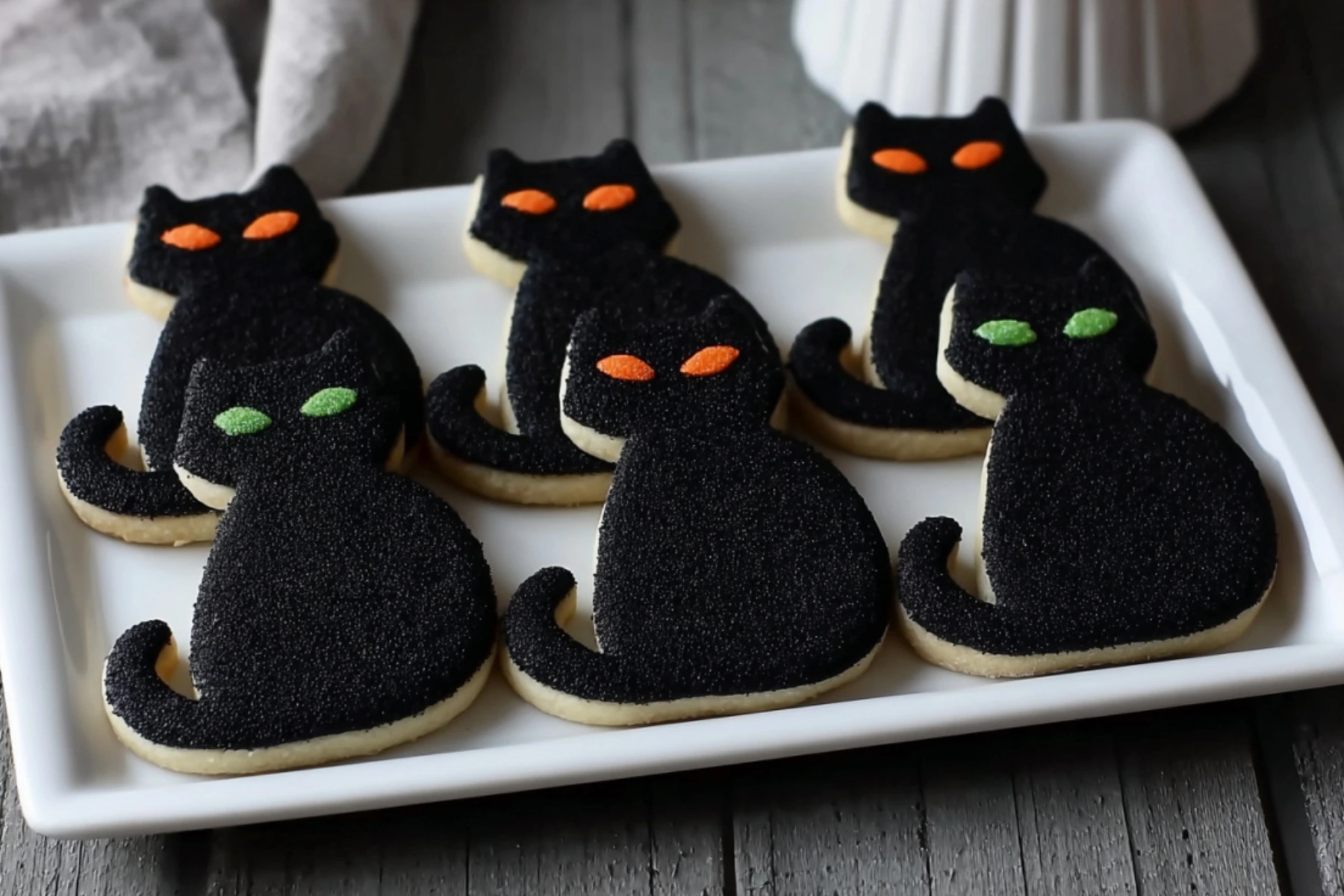 Black Cat Silhouette Sugar Cookies decorated with black sanding sugar and glowing orange and green candy eyes on a white platter for Halloween.