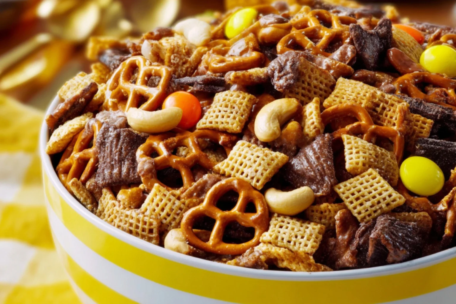 Bowl of Halloween-themed Chex Mix with pretzels, cereal squares, nuts, and colorful candies on yellow background