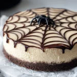 Spider Web Cheesecake with Chocolate Crust and Halloween Spider Decoration