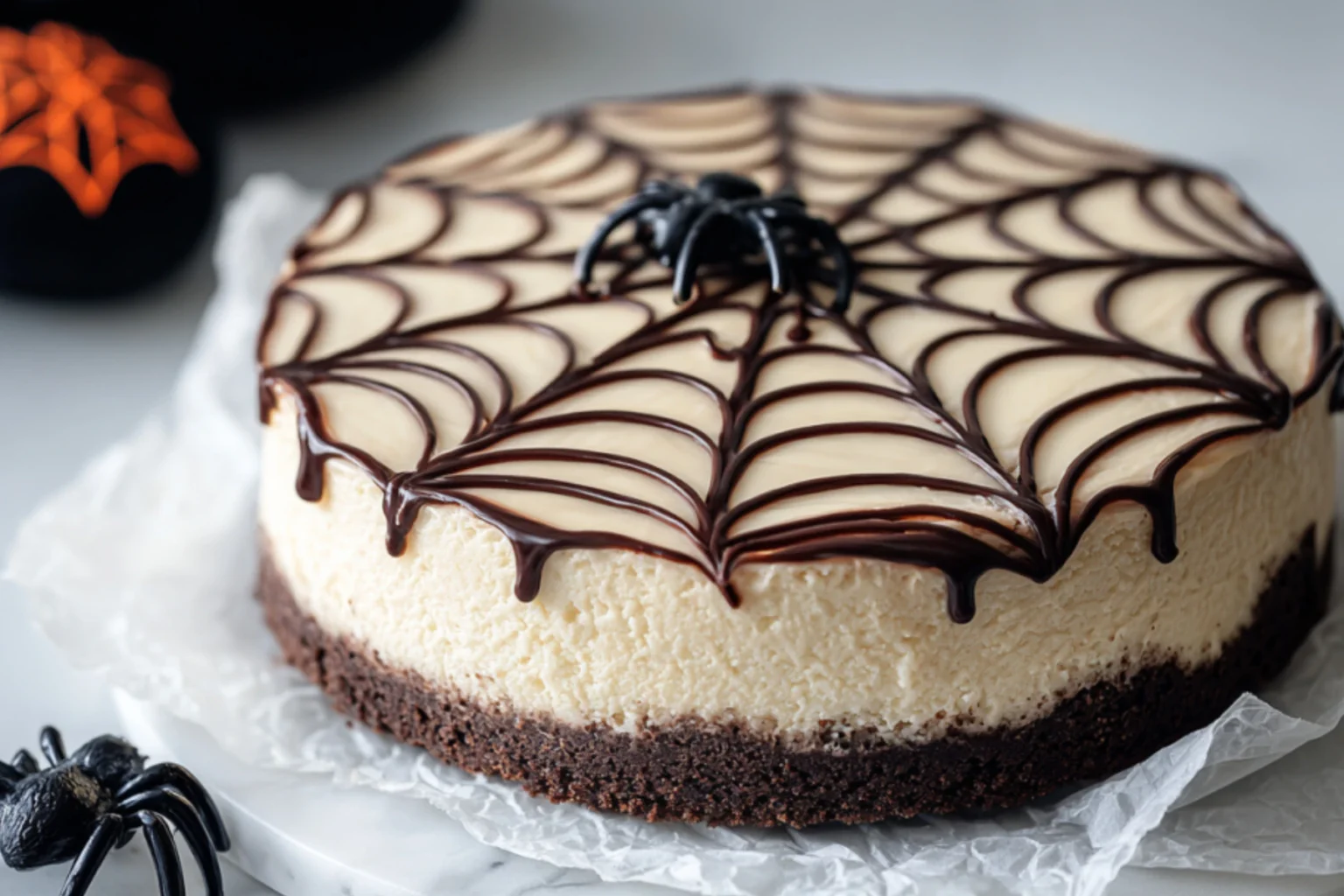 Spider Web Cheesecake with Chocolate Crust and Halloween Spider Decoration