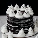 Black Cocoa Halloween Layer Cake with Ghost Meringues