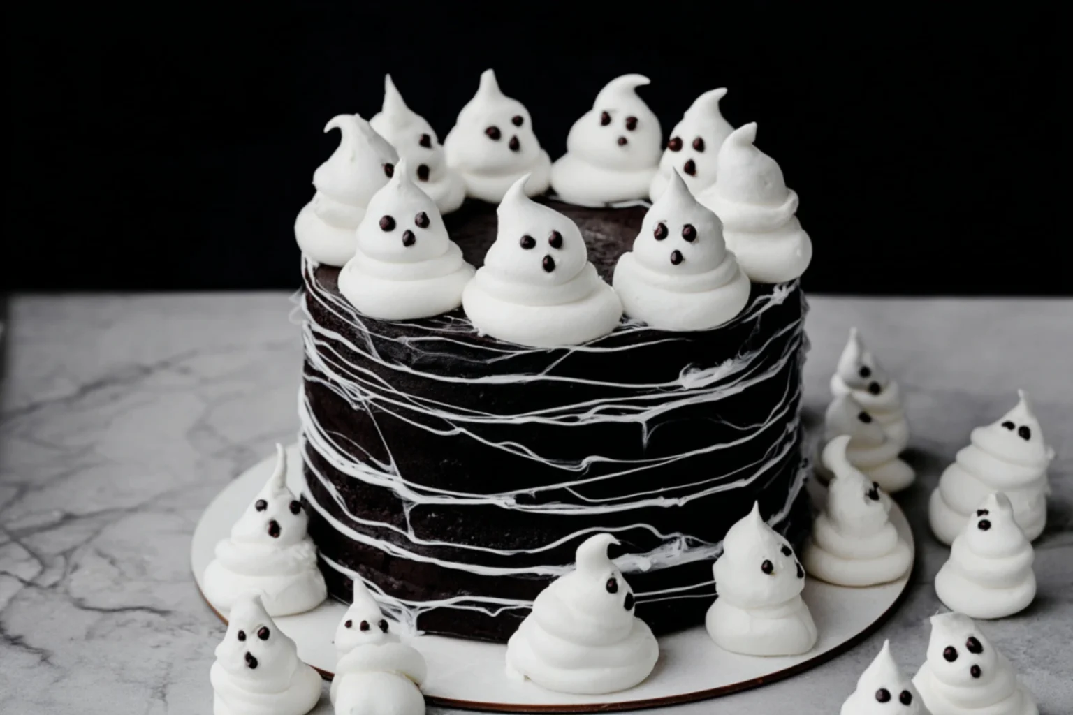 Black Cocoa Halloween Layer Cake with Ghost Meringues