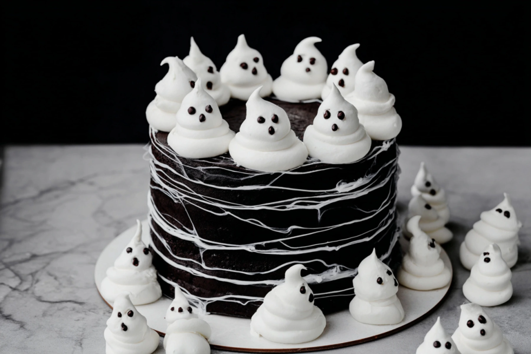 Black Cocoa Halloween Layer Cake with Ghost Meringues
