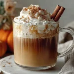 Homemade pumpkin spice latte with whipped cream and cinnamon sticks, garnished with fall spices