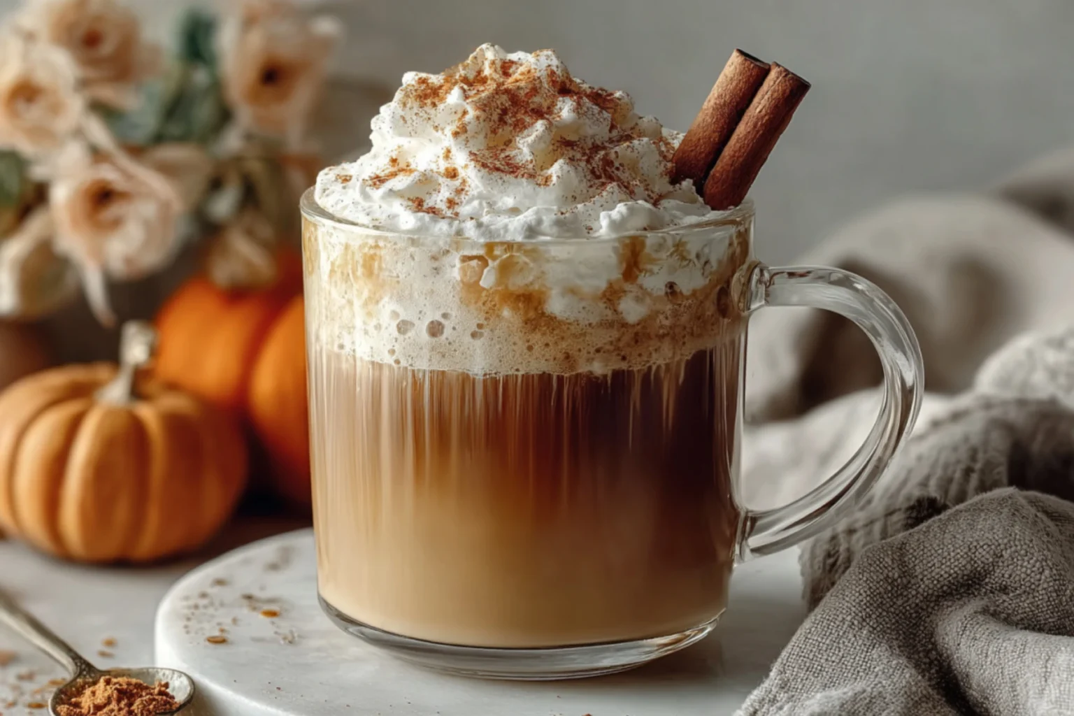 Homemade pumpkin spice latte with whipped cream and cinnamon sticks, garnished with fall spices